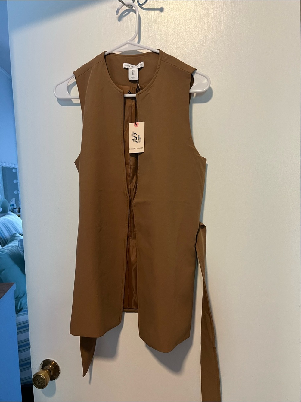 Sincerly Jules Sleeveless Tie-Waist Blazer in Brown